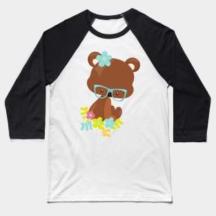 Hipster Bear, Bear With Glasses, Colorful Flowers Baseball T-Shirt